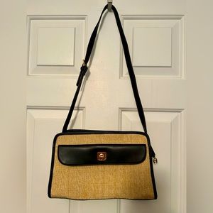 Etienne Aigner Woven Raffia Straw and Navy Leather Purse